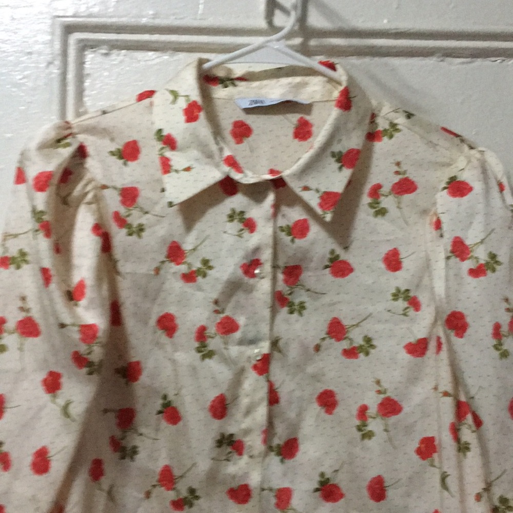 Vintage silk material button down shirt with red roses design print.